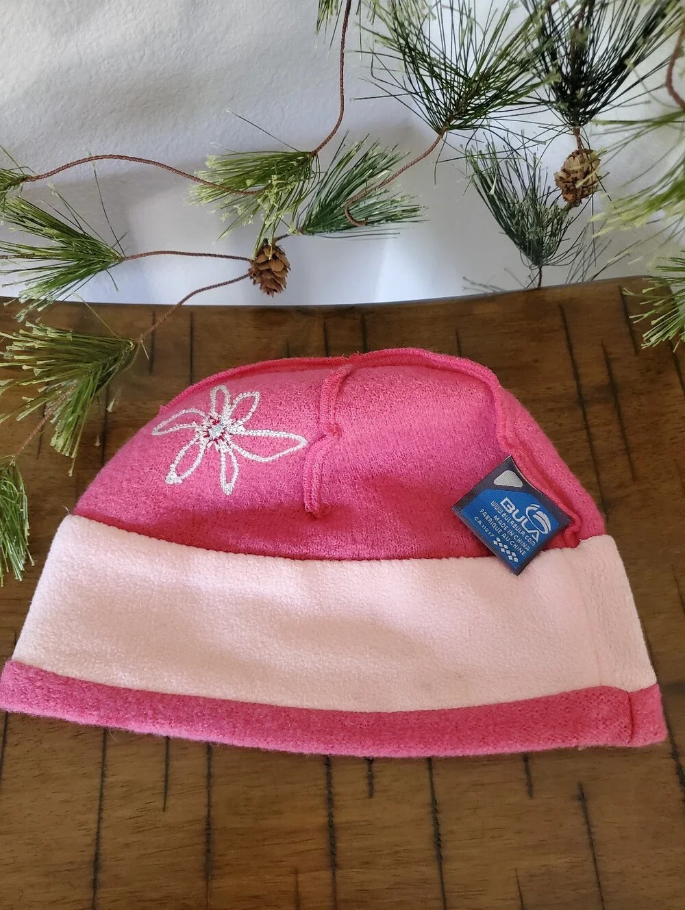 Bula Vintage Wool Exterior Fleece Lined Pink Flower Beanie Hat